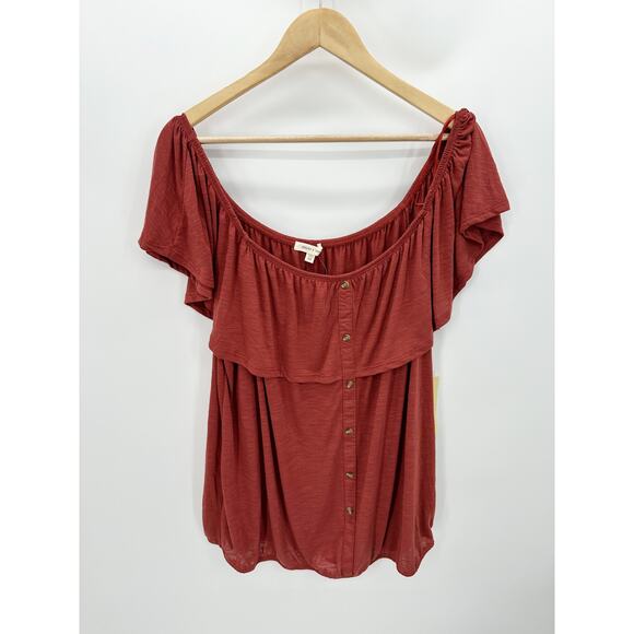 Paper + Tee Rust Red Ruffle Off Shoulder Faux Button Down Top Womens Size 3X NWT - Picture 1 of 8